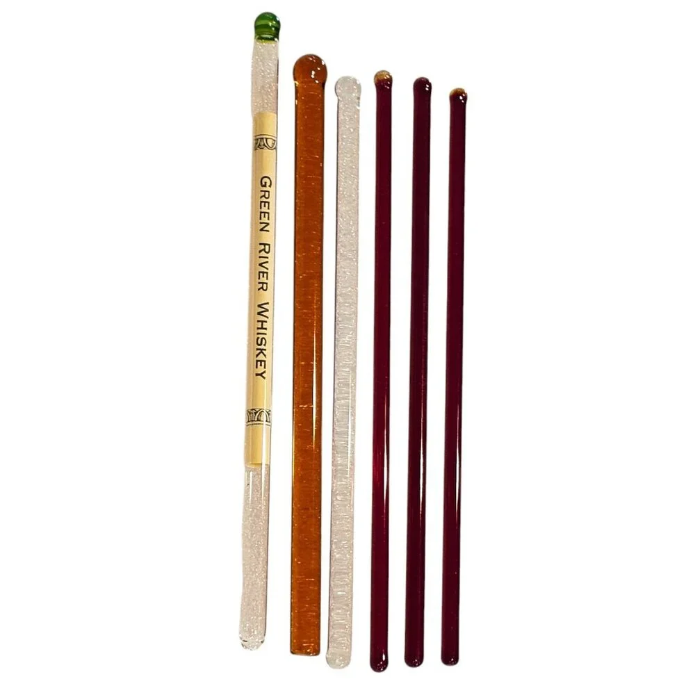 MCM Glass Swizzle Sticks Cocktail Stirrers Green River Whiskey Set 6 Amber‎ Red